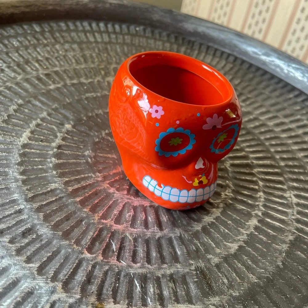 Small tealight holder or planter day of the dead skull Handpainted ceramic